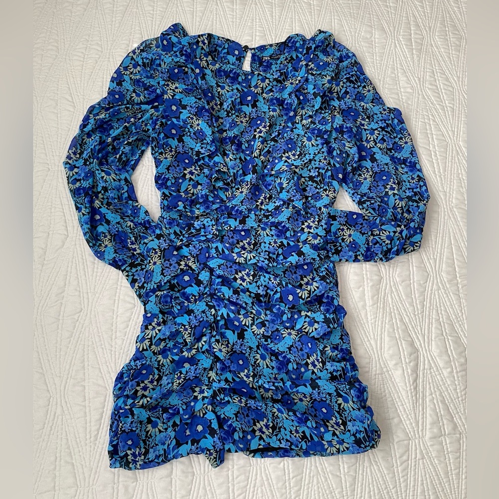 ZARA ruffled, fitted, printed mini dress.